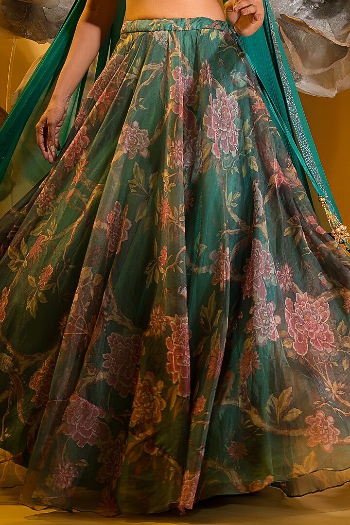 Green Organza Printed Wedding Lehenga Set by Q by Sonia Baderia at Pernia's Pop Up Shop