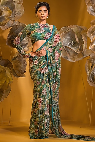 Green Chiffon Printed Saree Set by Q by Sonia Baderia