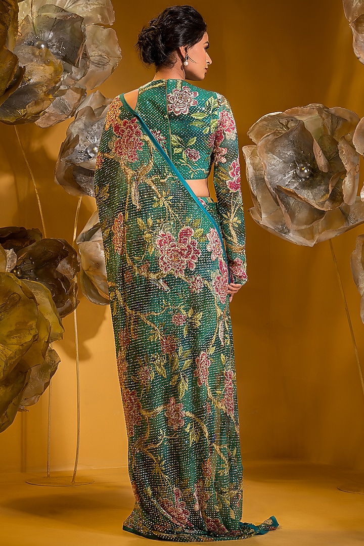 Green Chiffon Printed Wedding Saree Set by Q by Sonia Baderia at Pernia's Pop Up Shop