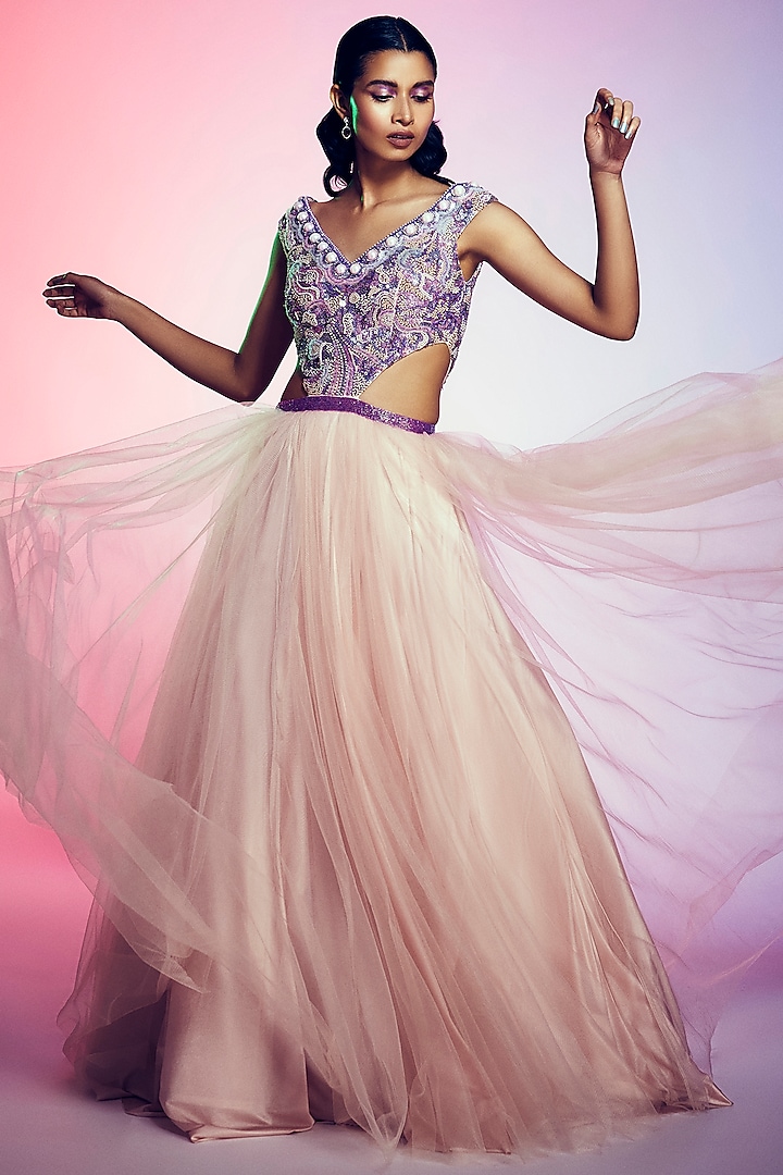 Light Peach Net Off-Shoulder Ball Gown by Q by Sonia Baderia