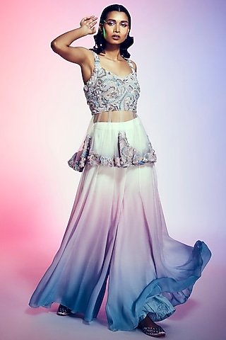Off-White & Lilac Ombre Net Flared Sharara Set by Q by Sonia Baderia