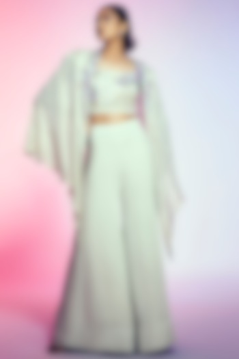 Light Olive Green Embroidered Kaftan Cape Set by Q by Sonia Baderia at Pernia's Pop Up Shop