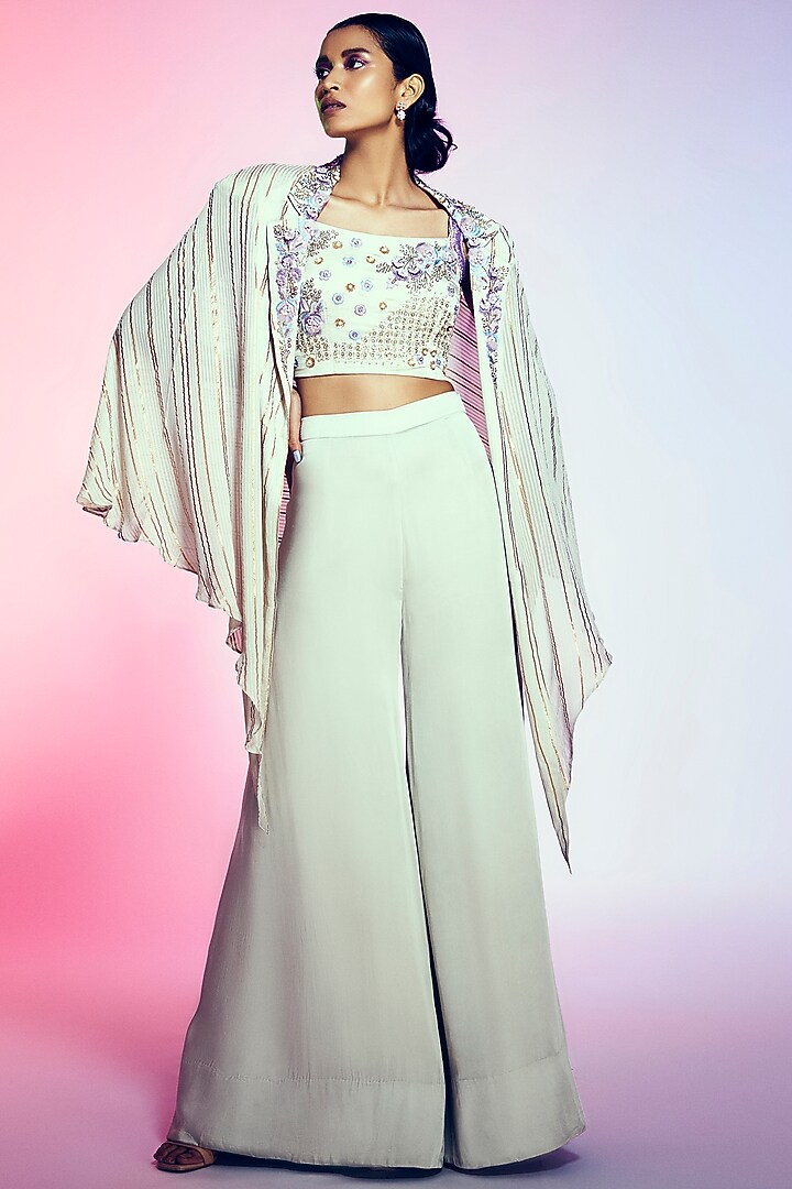 Light Olive Green Embroidered Kaftan Cape Set by Q by Sonia Baderia at Pernia's Pop Up Shop