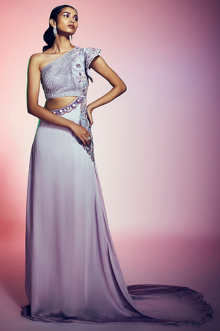Lilac Embroidered Off-Shoulder Evening Gown by Q by Sonia Baderia at Pernia's Pop Up Shop