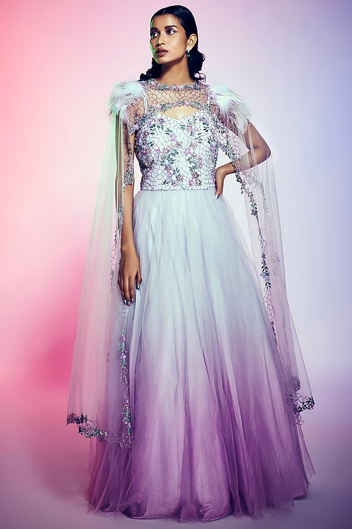 Lilac Ombre Embroidered Gown With Dupatta by Q by Sonia Baderia