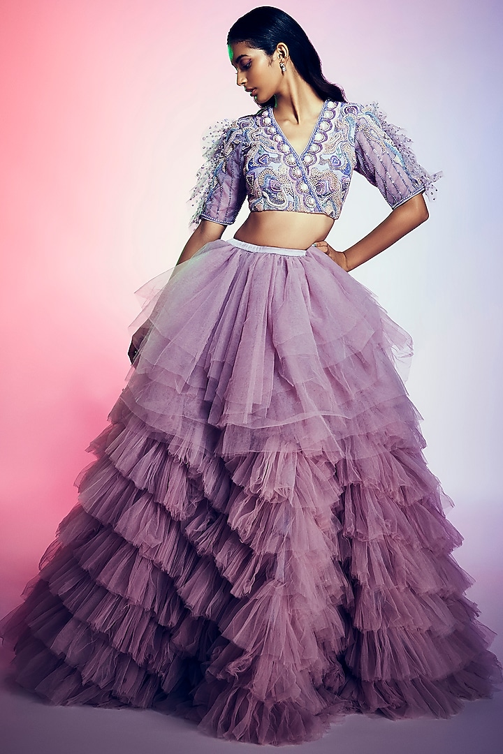 Lilac Embroidered Ruffled Lehenga Set by Q by Sonia Baderia