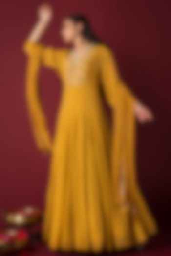 Mustard Crepe Resham Embroidered Party Wear Anarkali Set by Q by Sonia Baderia at Pernia's Pop Up Shop