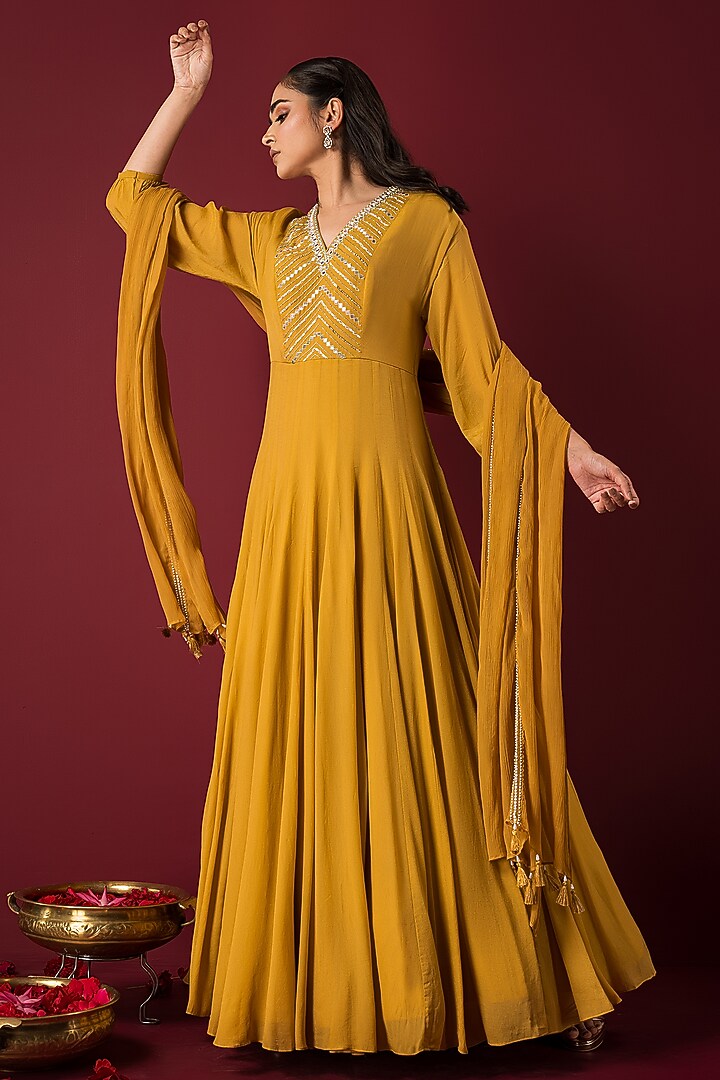 Mustard Crepe Resham Embroidered Party Wear Anarkali Set by Q by Sonia Baderia at Pernia's Pop Up Shop