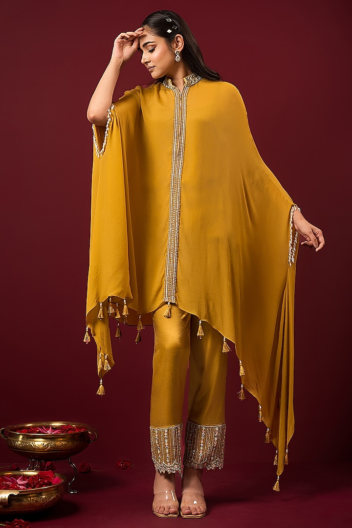 Mustard Chiffon Resham Embroidered Kaftan Kurta Set by Q by Sonia Baderia at Pernia's Pop Up Shop