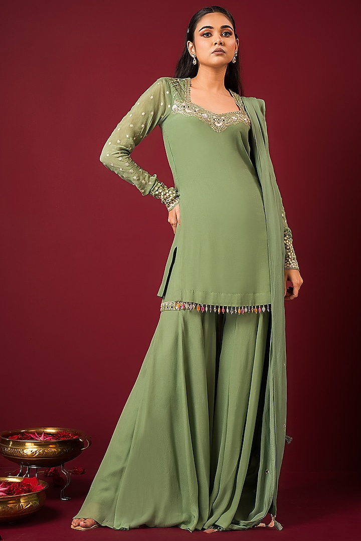 Mint Crepe Gharara Set by Q by Sonia Baderia at Pernia's Pop Up Shop