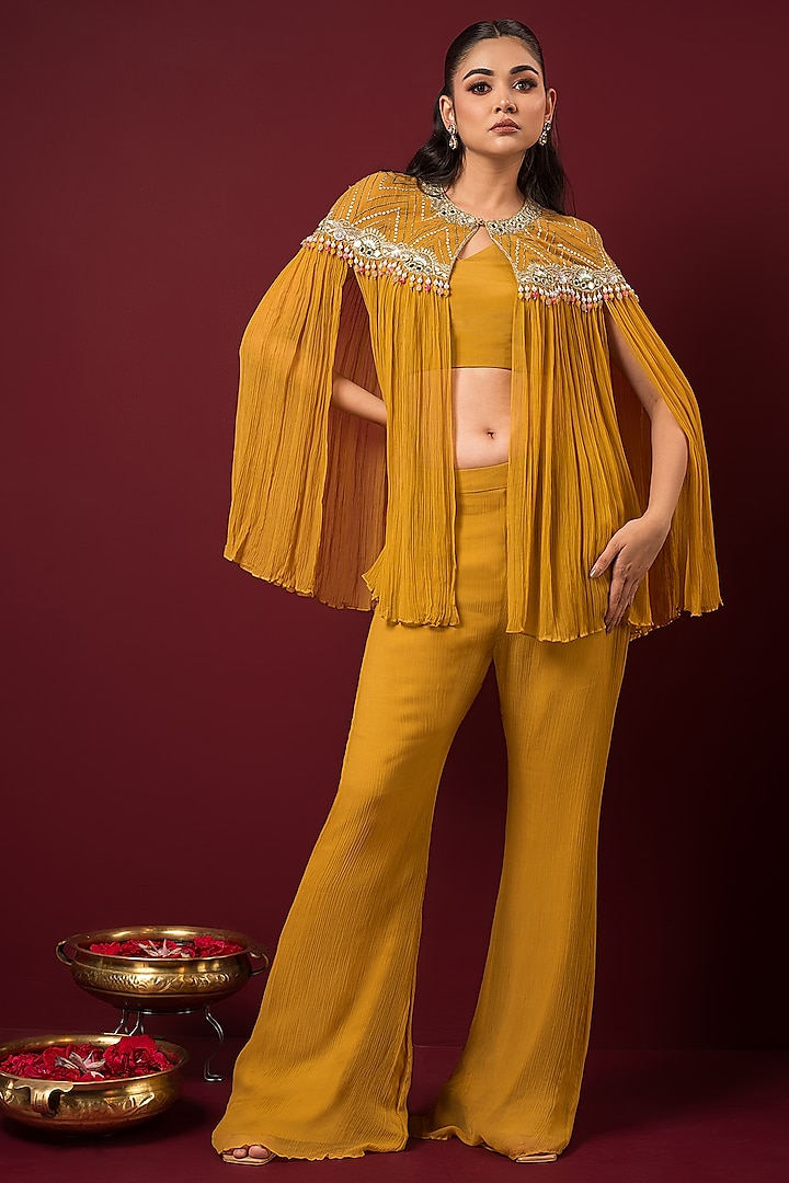 Mustard Chiffon Resham Embroidered Cape Set by Q by Sonia Baderia