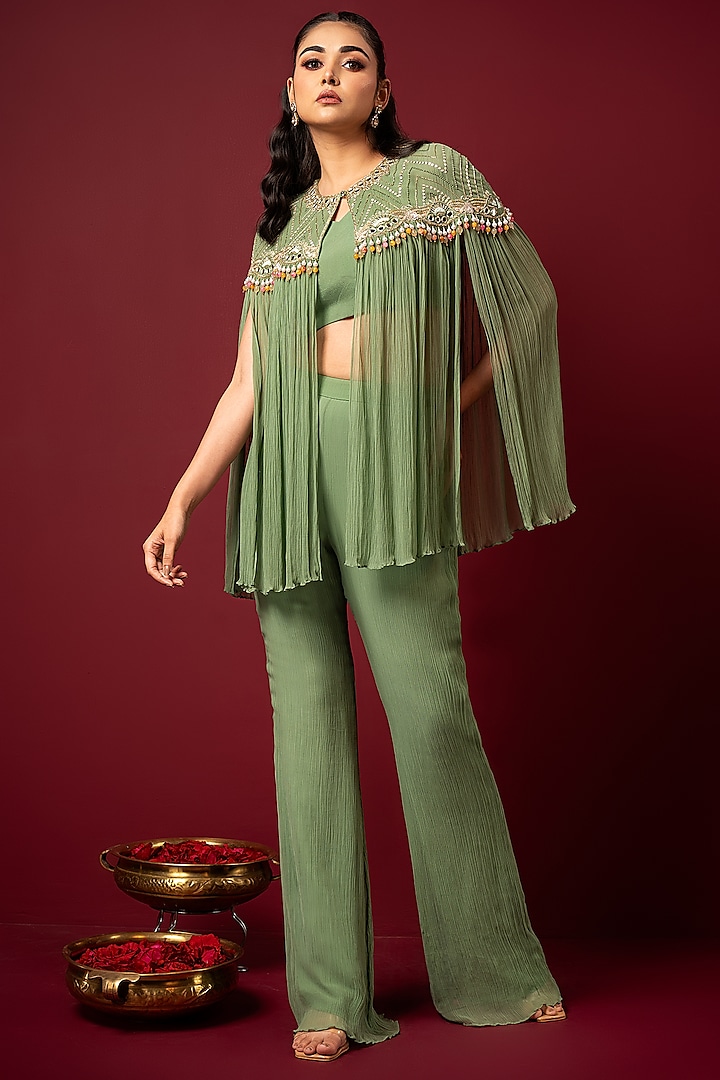 Mint Chiffon Resham Embroidered Cape Set by Q by Sonia Baderia