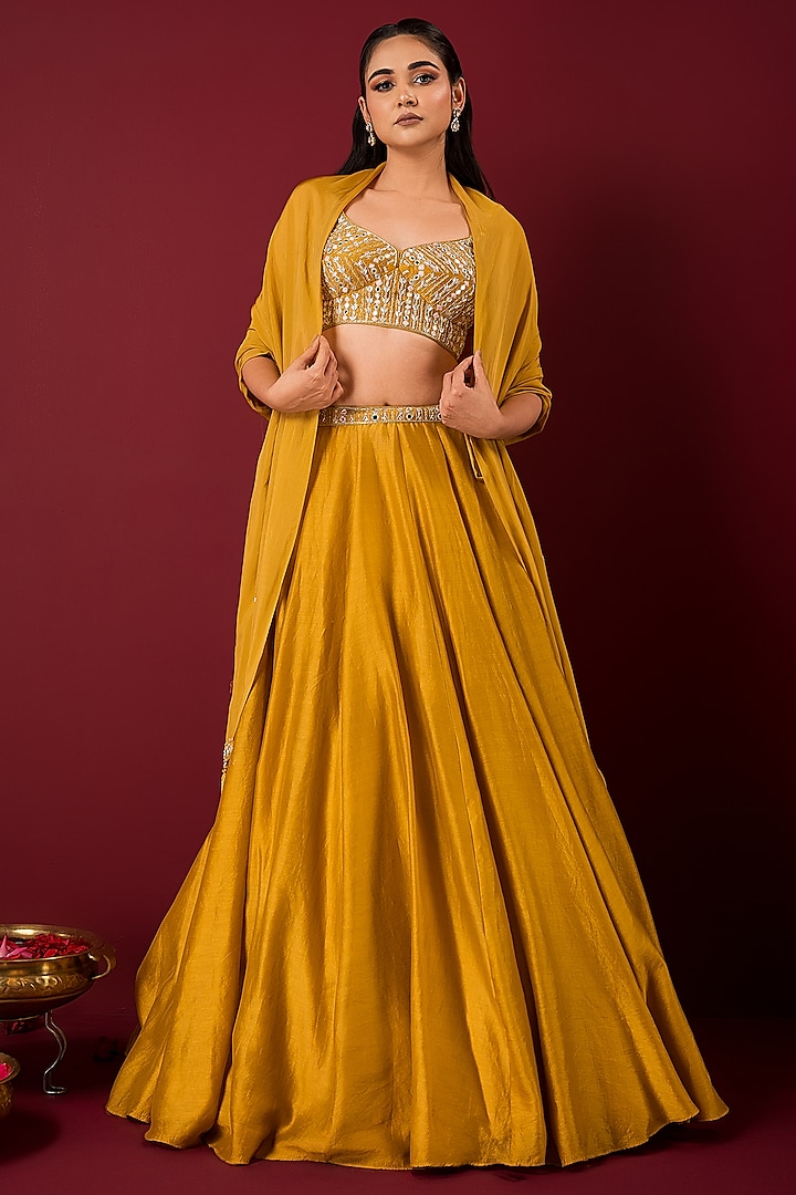 Mustard Chanderi Lehenga Set by Q by Sonia Baderia