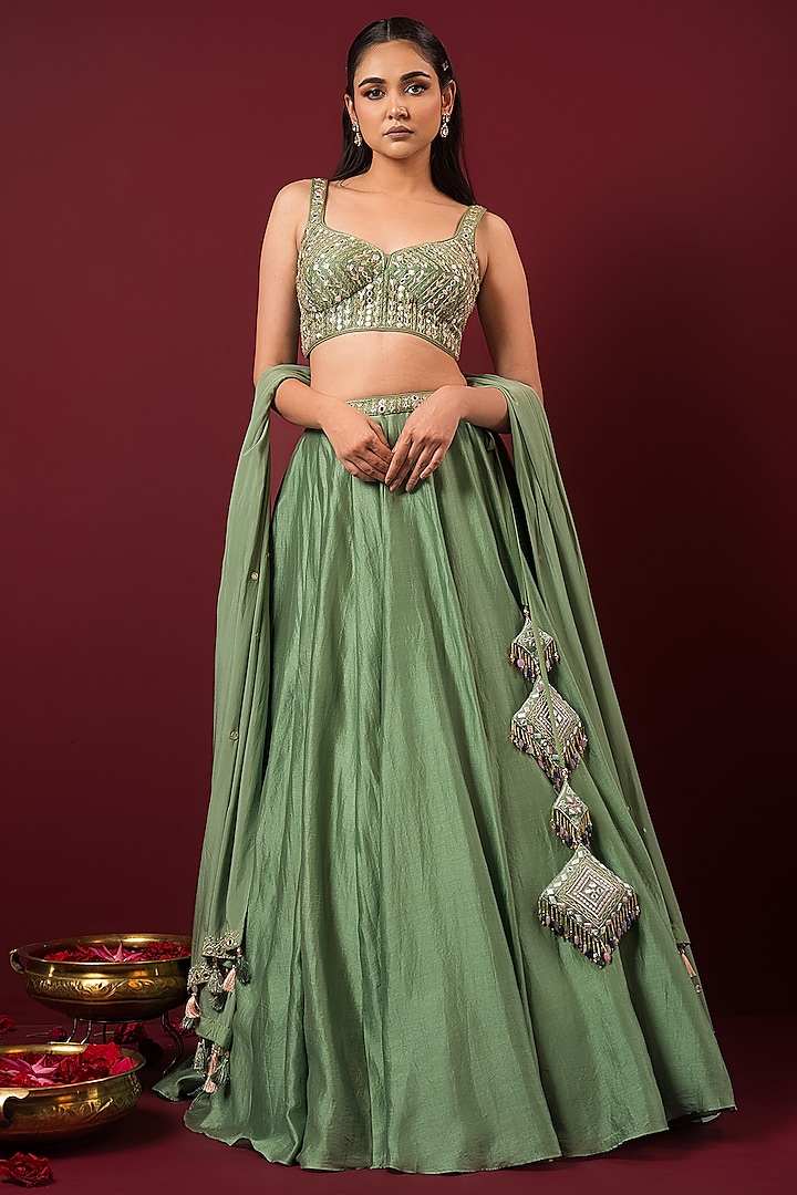 Mint Chanderi Lehenga Set by Q by Sonia Baderia