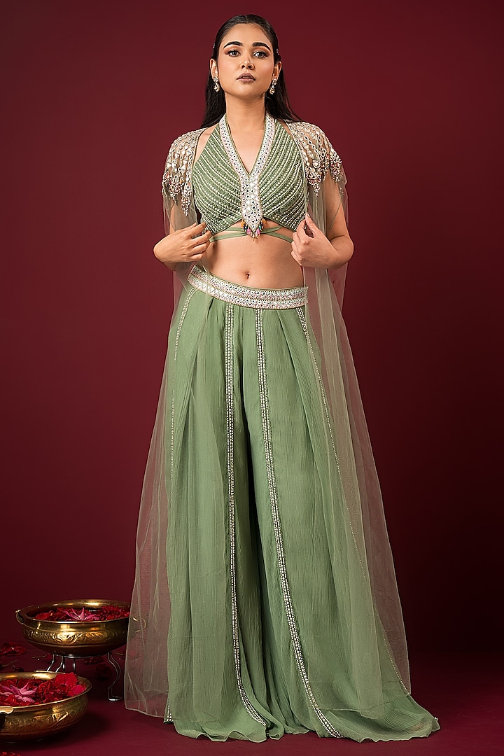 Mint Net Embellished Cape Set by Q by Sonia Baderia