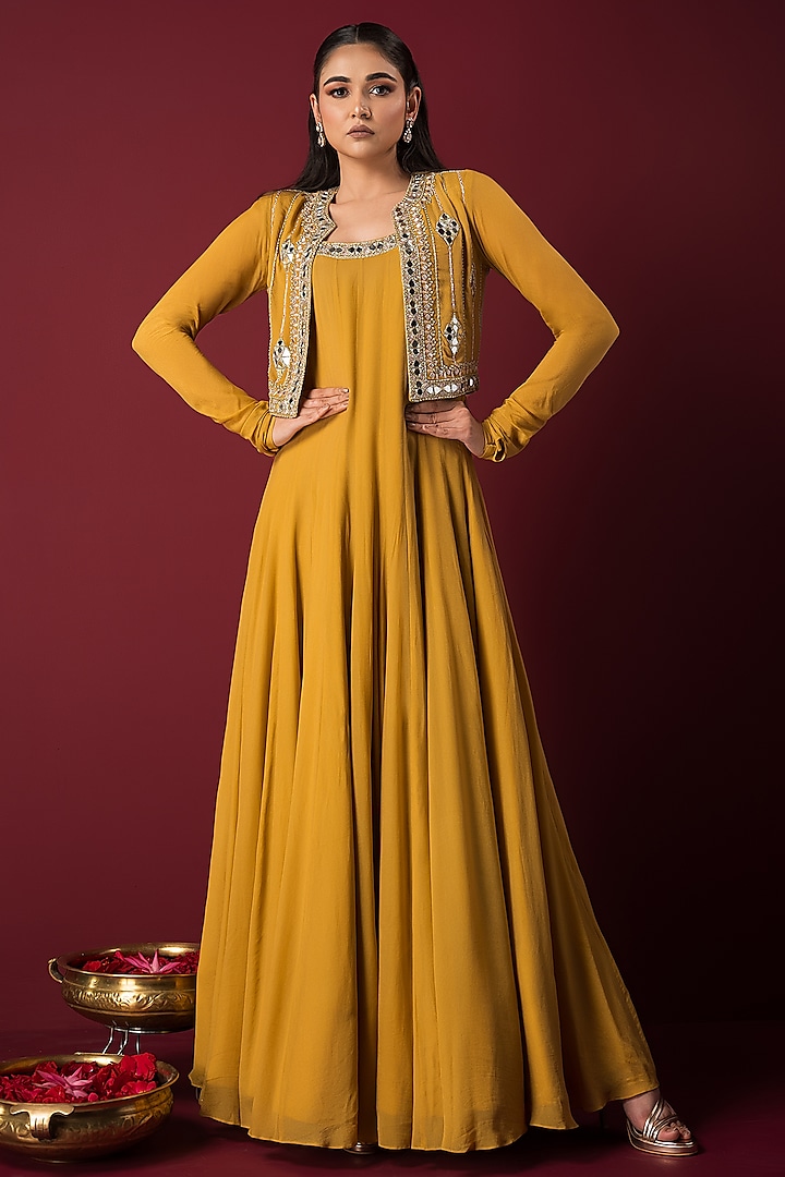 Mustard Crepe Anarkali With Jacket by Q by Sonia Baderia