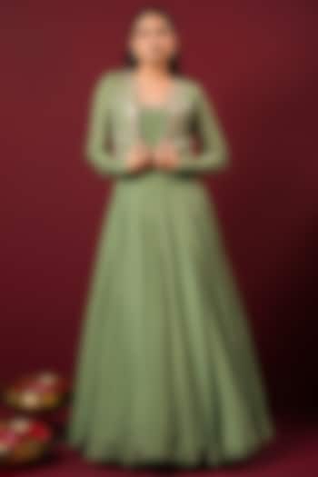 Mint Crepe Anarkali With Jacket by Q by Sonia Baderia