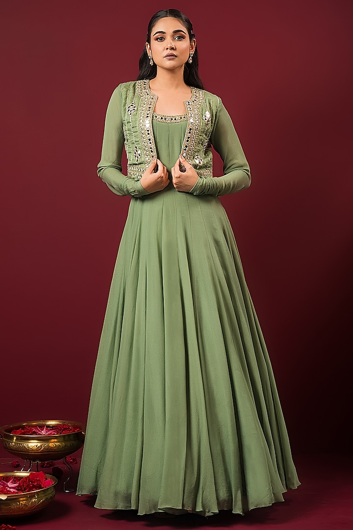 Mint Crepe Anarkali With Jacket by Q by Sonia Baderia