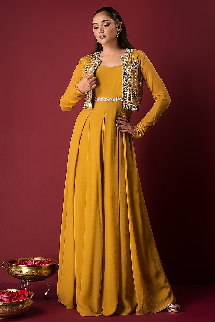 Mustard Crepe Mirror Embroidered Jumpsuit With Jacket by Q by Sonia Baderia