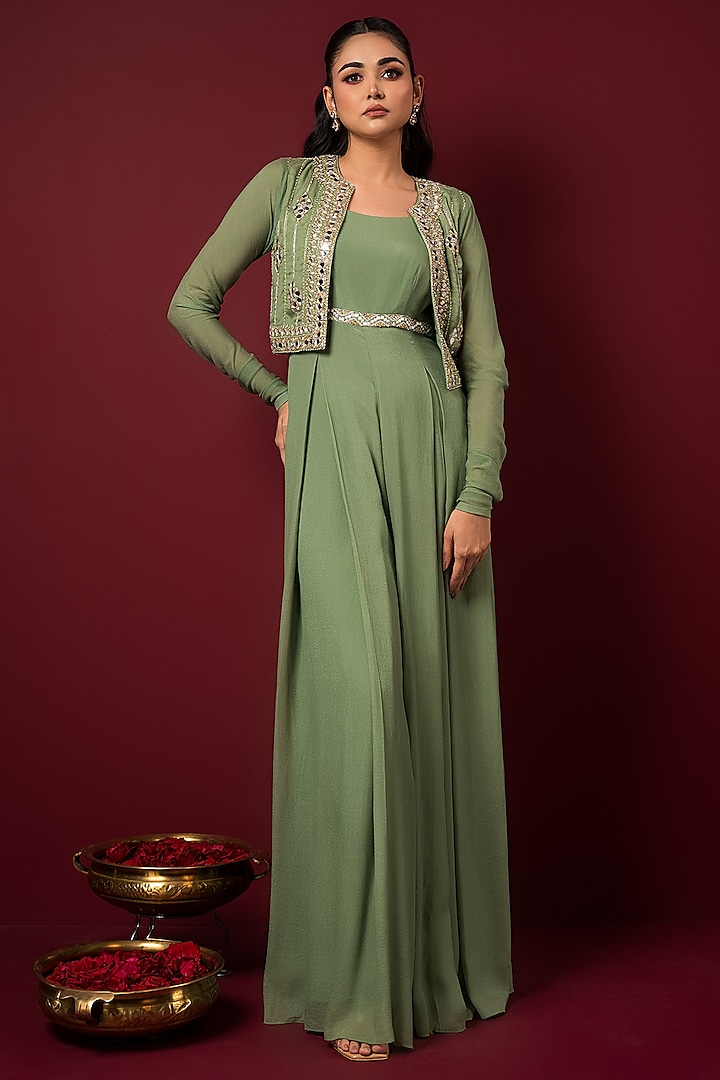 Mint Crepe Mirror Embroidered Jumpsuit With Jacket by Q by Sonia Baderia