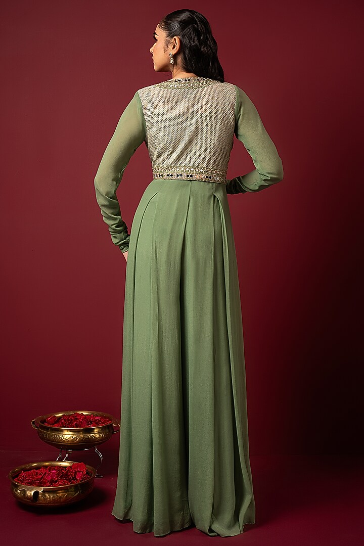 Mint Crepe Mirror Embroidered Jumpsuit With Jacket by Q by Sonia Baderia at Pernia's Pop Up Shop