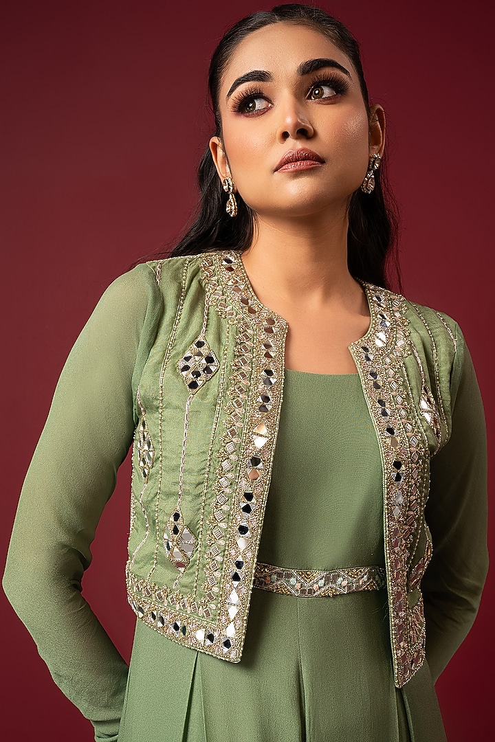 Mint Crepe Mirror Embroidered Jumpsuit With Jacket by Q by Sonia Baderia at Pernia's Pop Up Shop