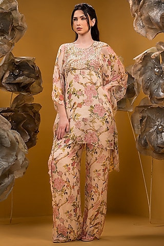 Beige Chiffon Printed Kurta Set by Q by Sonia Baderia