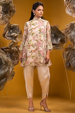 Beige Chiffon Printed A-Line Kurta Set by Q by Sonia Baderia