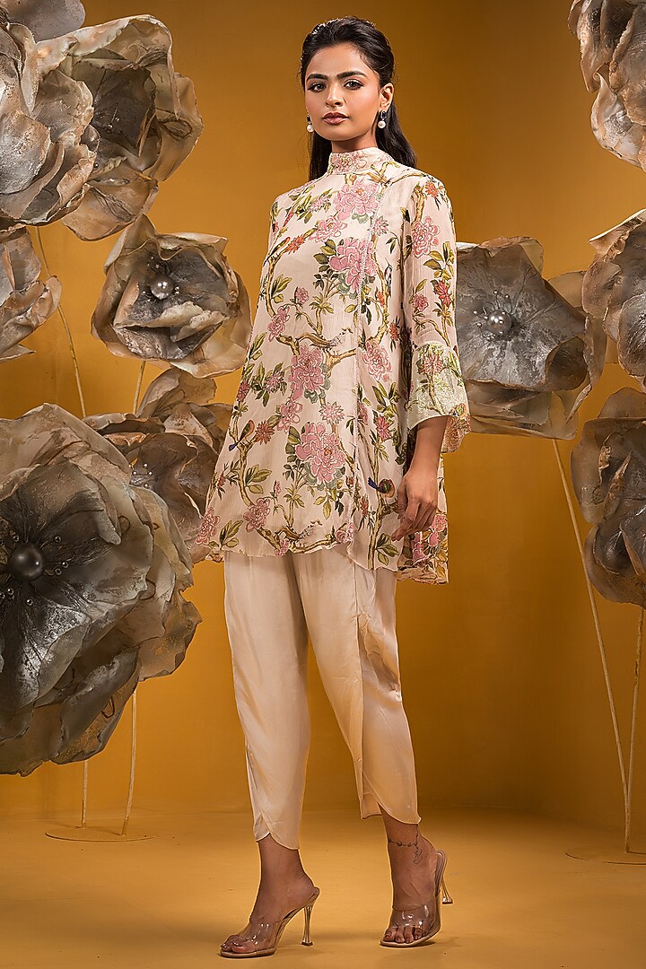 Beige Chiffon Printed A-Line Kurta Set by Q by Sonia Baderia at Pernia's Pop Up Shop