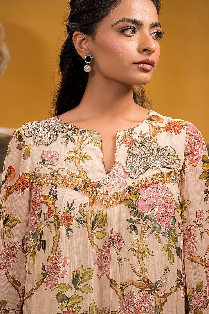 Beige Chiffon Printed & Embroidered A-Line Kurta Set by Q by Sonia Baderia at Pernia's Pop Up Shop