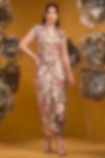 Beige Taffeta Printed Draped Dress by Q by Sonia Baderia at Pernia's Pop Up Shop