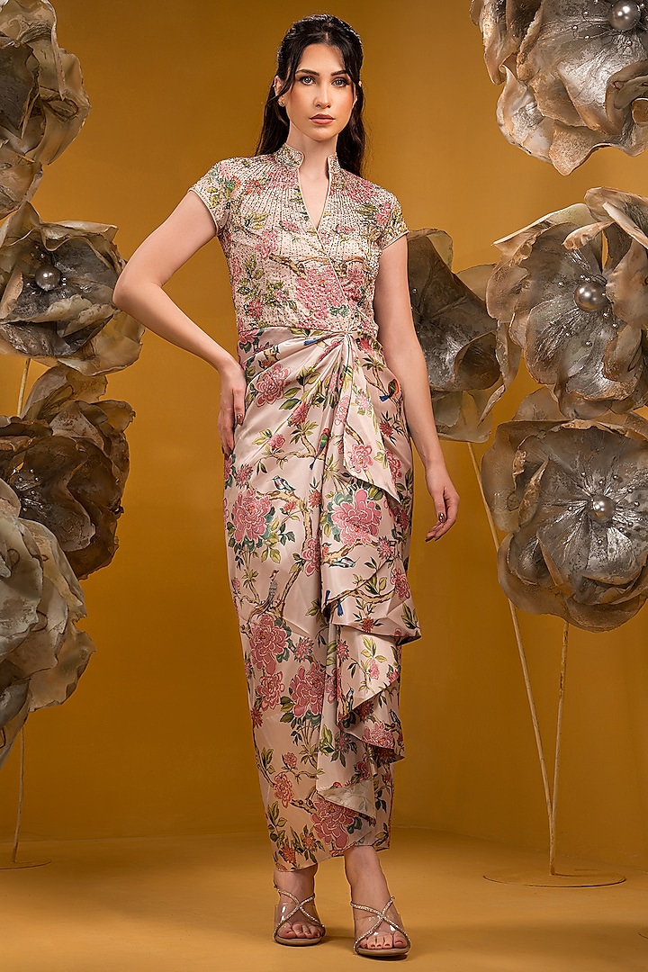 Beige Taffeta Printed Draped Dress by Q by Sonia Baderia at Pernia's Pop Up Shop