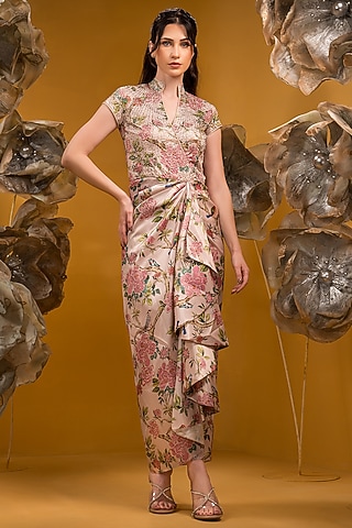 Beige Taffeta Printed Draped Dress by Q by Sonia Baderia