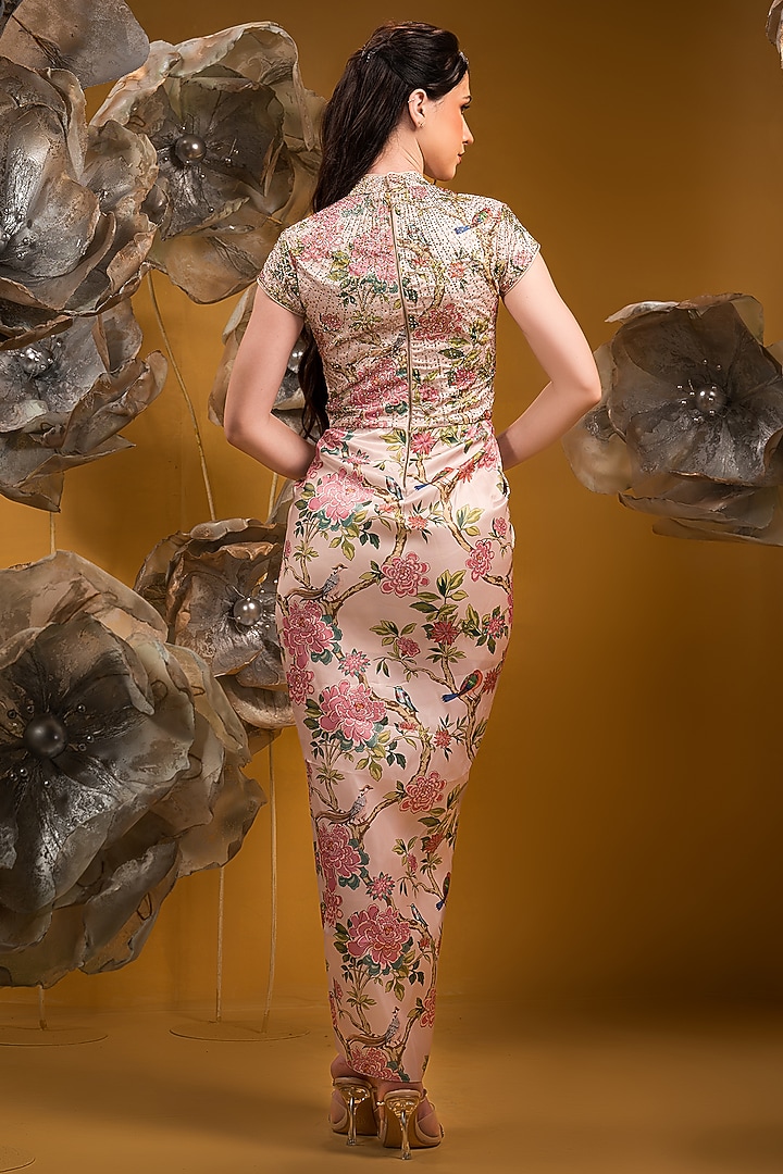 Beige Taffeta Printed Draped Vacation Dress by Q by Sonia Baderia at Pernia's Pop Up Shop