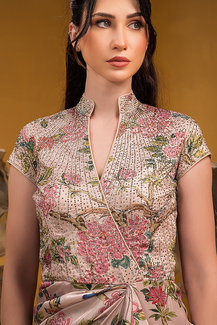 Beige Taffeta Printed Draped Vacation Dress by Q by Sonia Baderia at Pernia's Pop Up Shop