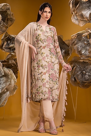 Beige Chiffon Printed Kurta Set by Q by Sonia Baderia