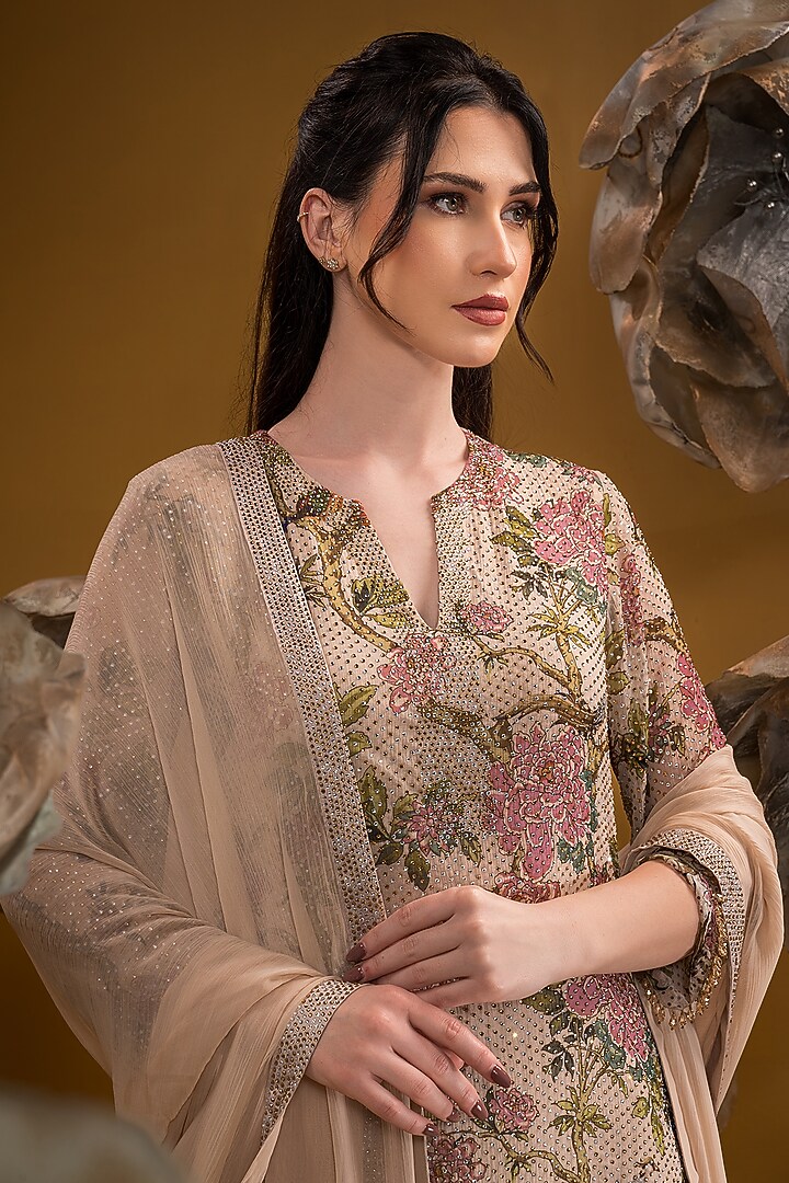 Beige Chiffon Printed Kurta Set by Q by Sonia Baderia at Pernia's Pop Up Shop