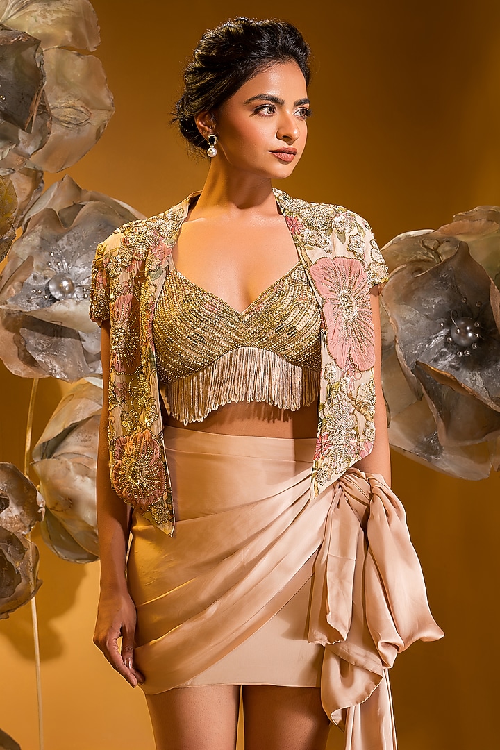 Beige Satin Draped Mini Skirt Set by Q by Sonia Baderia at Pernia's Pop Up Shop