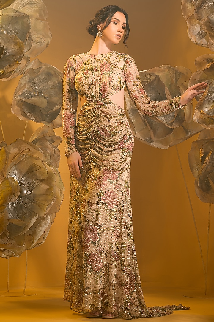 Beige Chiffon Printed Engagement Gown by Q by Sonia Baderia at Pernia's Pop Up Shop