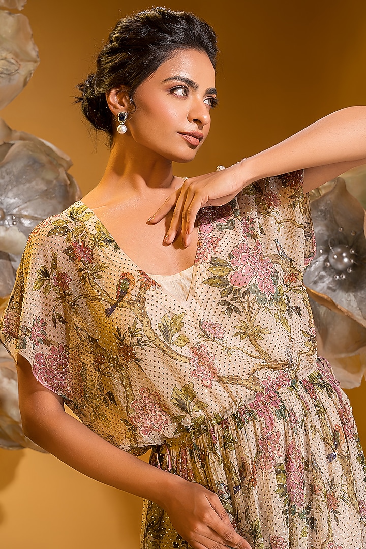 Beige Chiffon Printed Boho Mini Vacation Dress by Q by Sonia Baderia at Pernia's Pop Up Shop