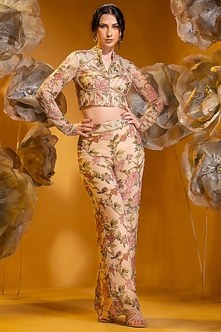 Beige Chiffon Printed Flared Pant Set by Q by Sonia Baderia