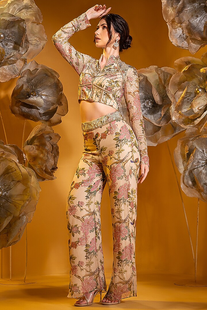 Beige Chiffon Printed Flared Pant Set by Q by Sonia Baderia at Pernia's Pop Up Shop