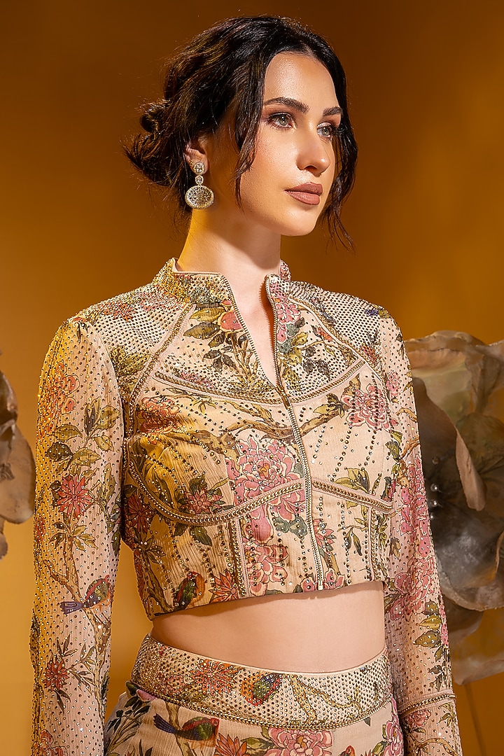 Beige Chiffon Printed Flared Pant Set by Q by Sonia Baderia at Pernia's Pop Up Shop