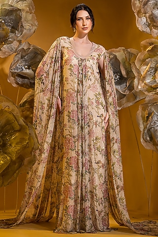 Beige Chiffon Printed Gown by Q by Sonia Baderia