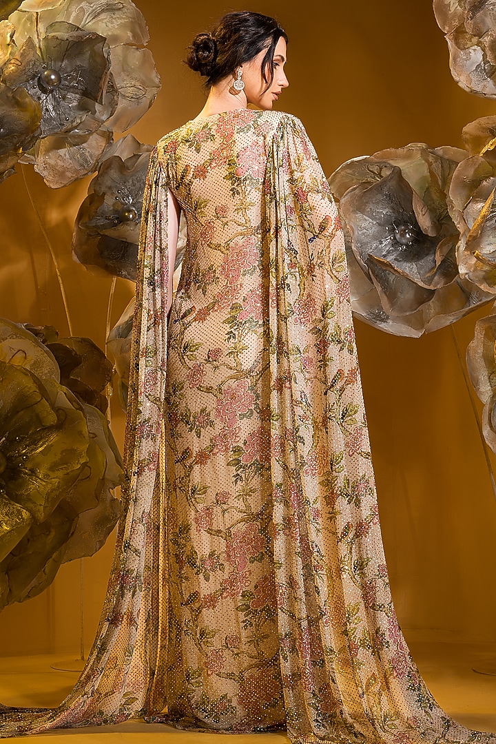 Beige Chiffon Printed Engagement Gown by Q by Sonia Baderia at Pernia's Pop Up Shop