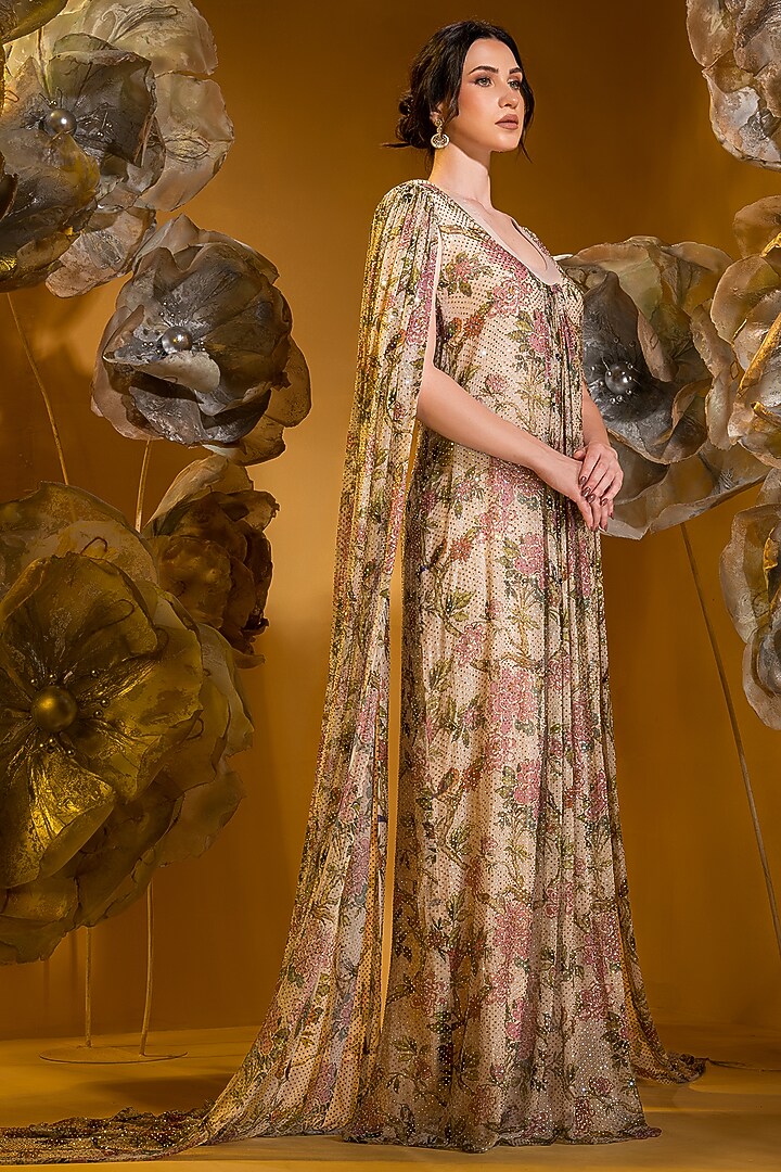 Beige Chiffon Printed Engagement Gown by Q by Sonia Baderia at Pernia's Pop Up Shop