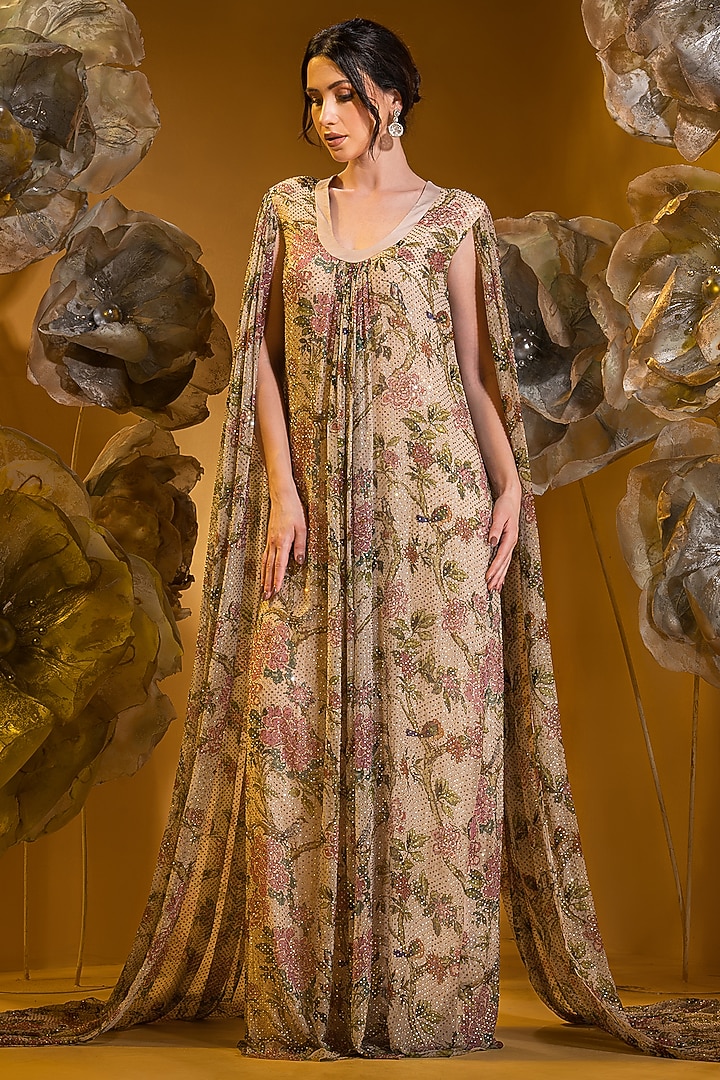 Beige Chiffon Printed Engagement Gown by Q by Sonia Baderia at Pernia's Pop Up Shop
