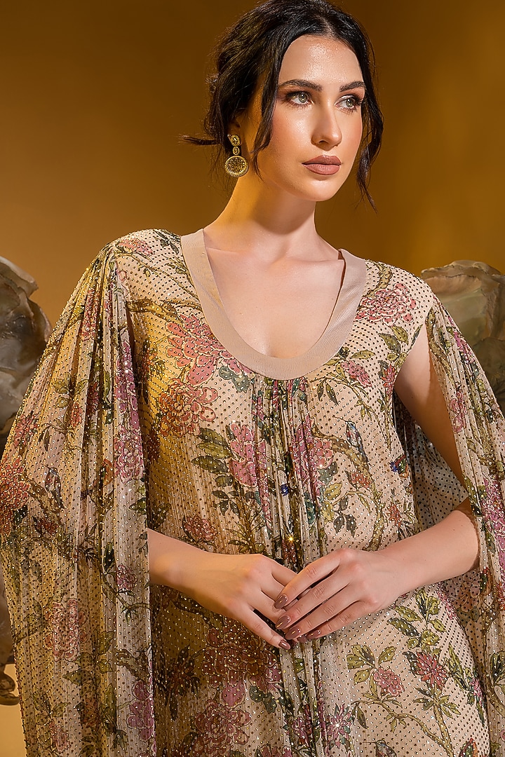 Beige Chiffon Printed Engagement Gown by Q by Sonia Baderia at Pernia's Pop Up Shop