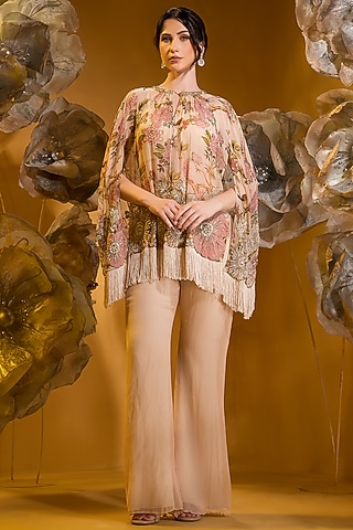 Beige Chiffon Printed & Embroidered Cape Set by Q by Sonia Baderia