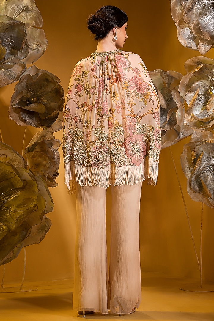 Beige Chiffon Printed & Embroidered Cape Set by Q by Sonia Baderia at Pernia's Pop Up Shop